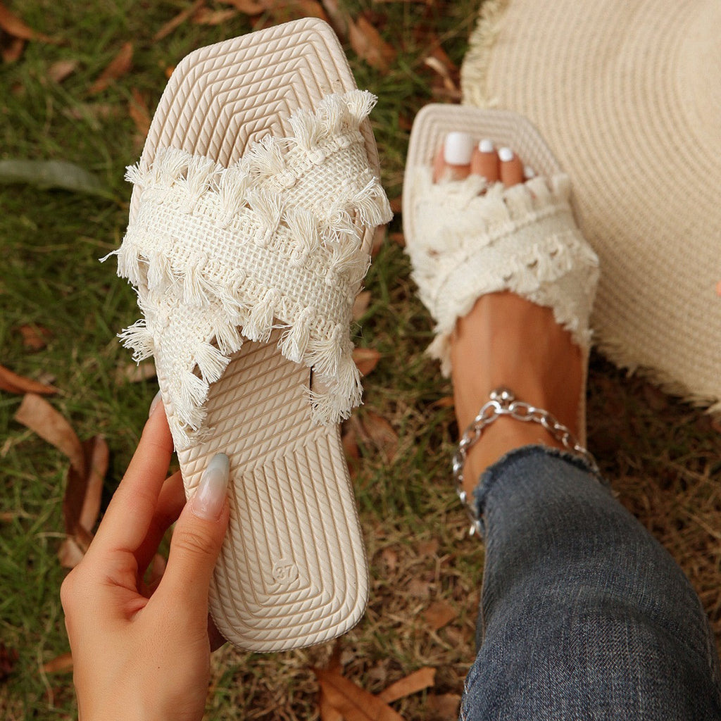 The Meadow Slide — Frayed Woven Sandal