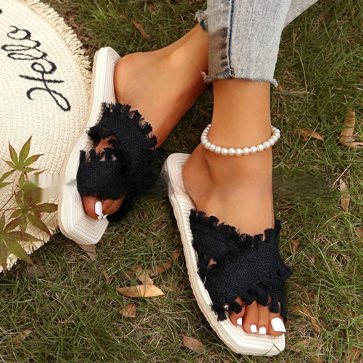 The Meadow Slide — Frayed Woven Sandal