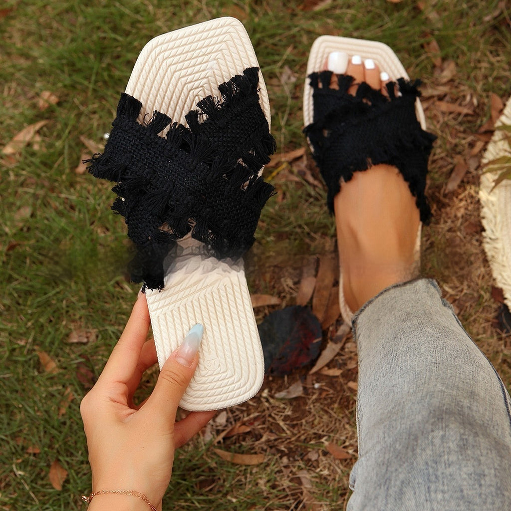 The Meadow Slide — Frayed Woven Sandal