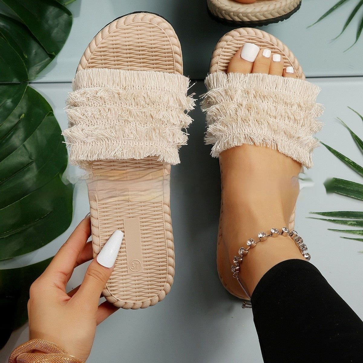 The Meadow Slide — Frayed Woven Sandal