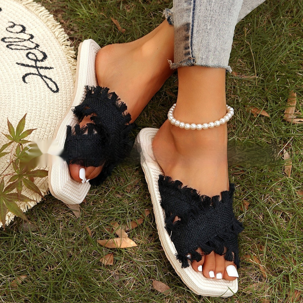 The Meadow Slide — Frayed Woven Sandal