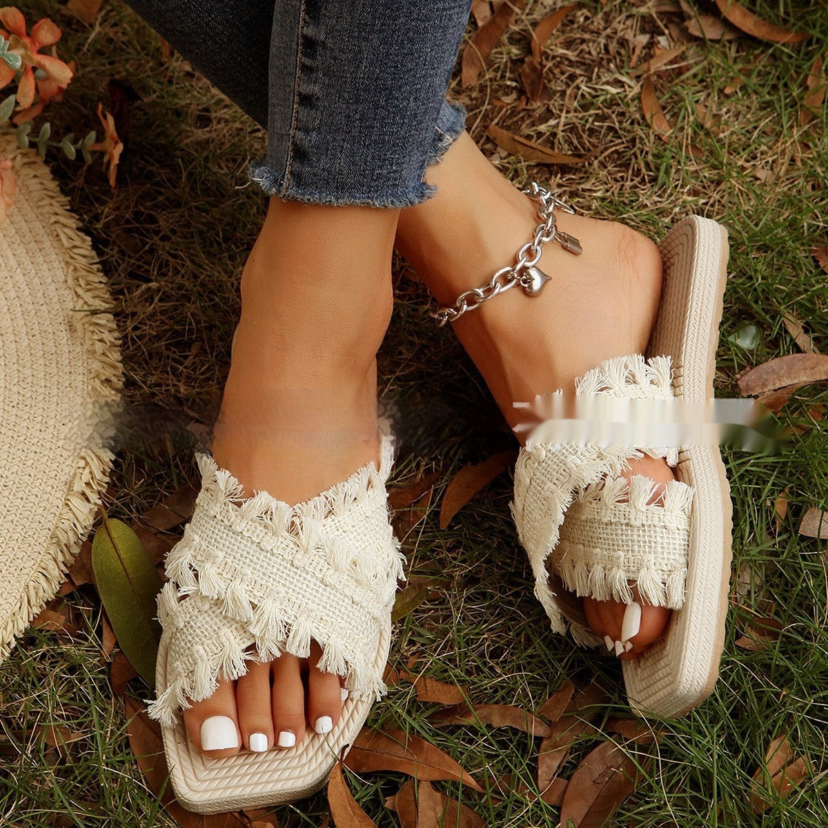 The Meadow Slide — Frayed Woven Sandal