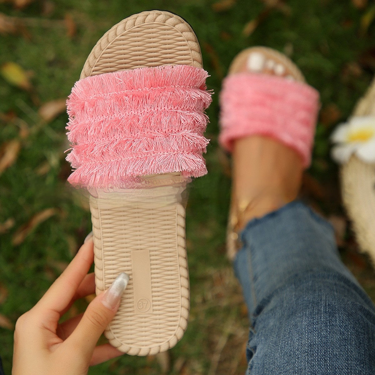 The Meadow Slide — Frayed Woven Sandal
